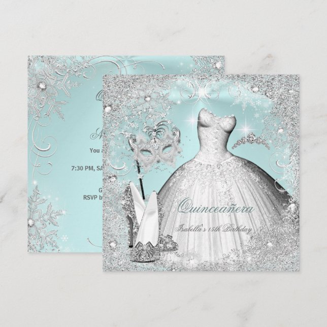 Maskerad Quinceanera Mintblå Silver Snöflingor Inbjudningar (Fram/baksida)
