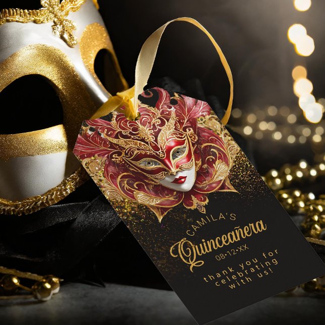 Maskerad Quinceanera Röd Guld V2 ID1031 Presentkor Presentetikett (Skapare uppladdad)