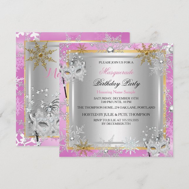 Maskerad Rosa Guld Snöflingor Silver Masker Inbjudningar (Fram/baksida)