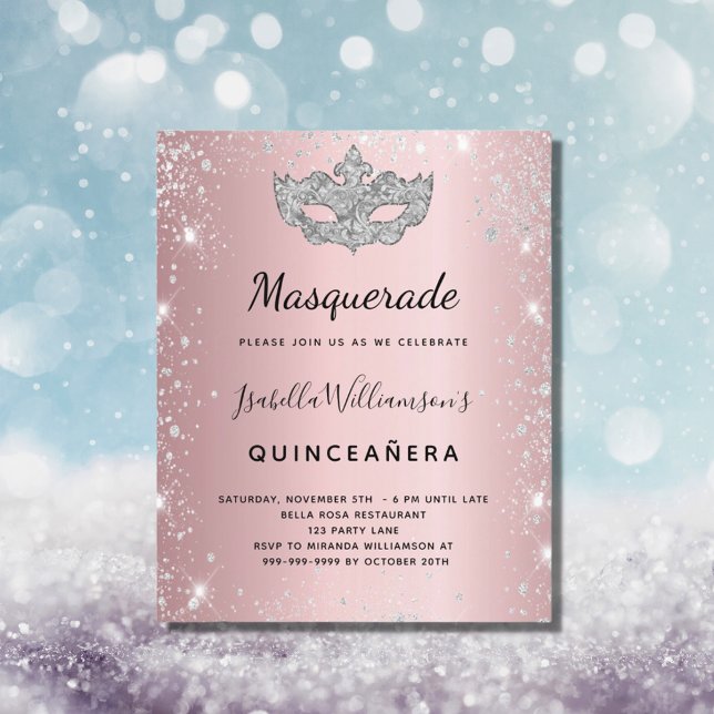 Maskerad rosa silver Quinceanera-inbjudan (Skapare uppladdad)
