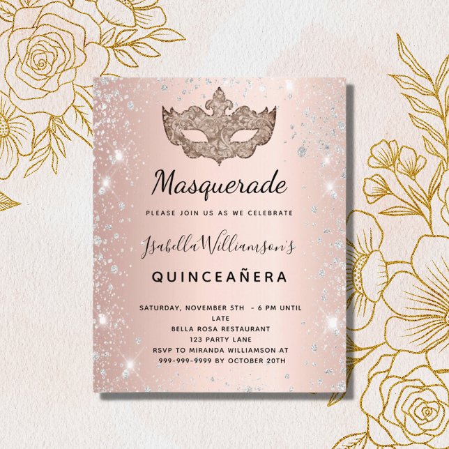 Maskerad roséguld silver Quinceanera-inbjudan (Skapare uppladdad)
