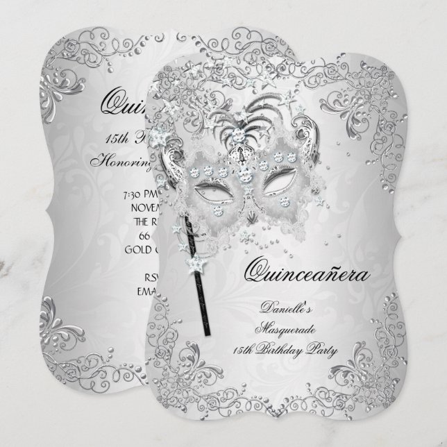 Maskerad Silver Quinceañera 15-årsdag Inbjudningar (Fram/baksida)