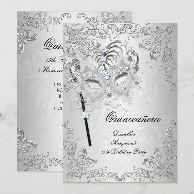 Maskerad Silver Quinceañera 15-årsdag Inbjudningar (Fram/baksida)