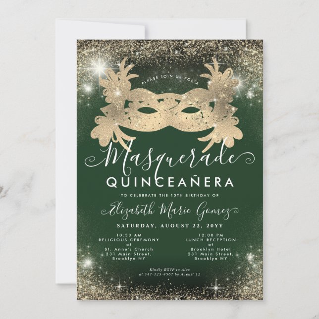 Maskerad Smaragdgrön Guld Glitter Quinceanera Inbjudningar (Framsida)