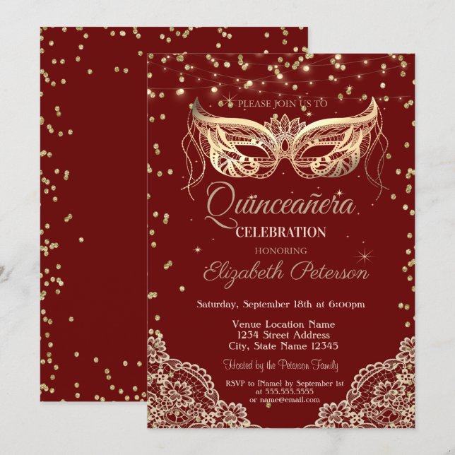 Maskerad, Spets, Diamanter Quinceañera Inbjudningar (Fram/baksida)