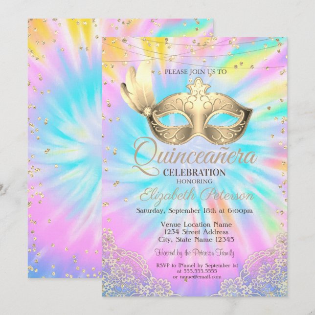 Maskerad, Spets, Diamanter Tie Dye Quinceañera Inbjudningar (Fram/baksida)