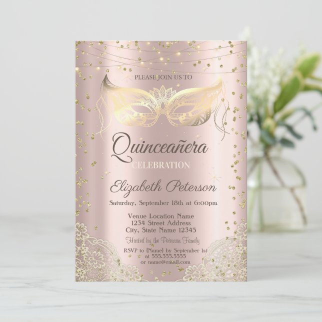 Maskerad, Spets Rosa Guld Quinceañera Inbjudningar (Stående Fram)