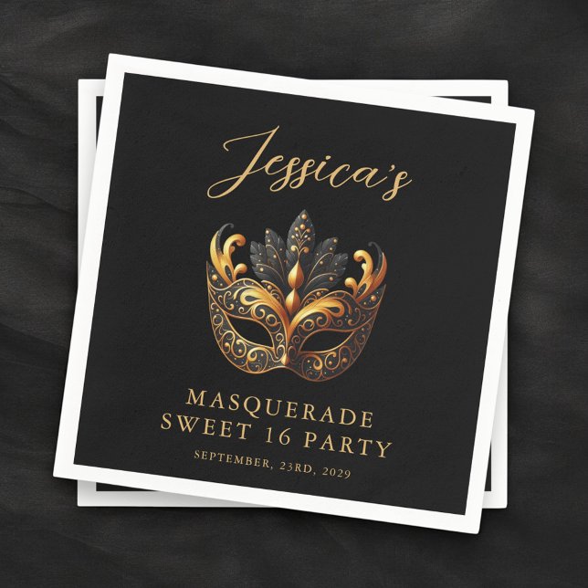 Maskerad Svart Guld Sweet 16 Födelsedagsfest Pappersservett (Skapare uppladdad)