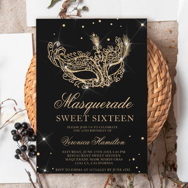 Maskerad svart maskmask guld glitter, svett 16 inbjudningar (Masquerade black gold glitter mask Sweet 16 Invitation)