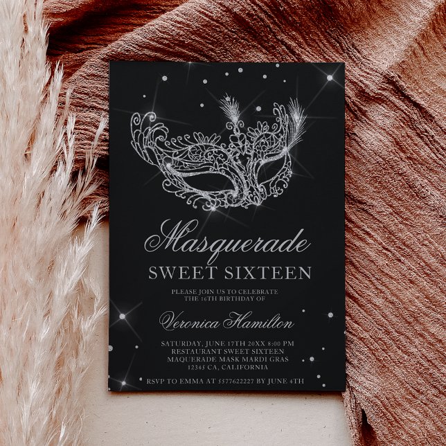 Maskerad svart maskmask silver glitter, svett 16 inbjudningar (Masquerade black silver glitter mask Sweet 16 Invitation)