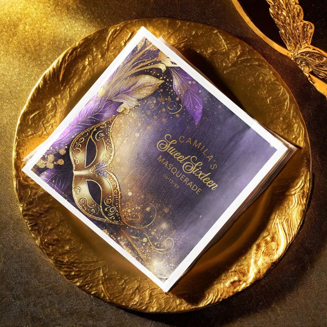 Maskerad Sweet 16 Lila Guld ID1032 Pappersservett (Skapare uppladdad)