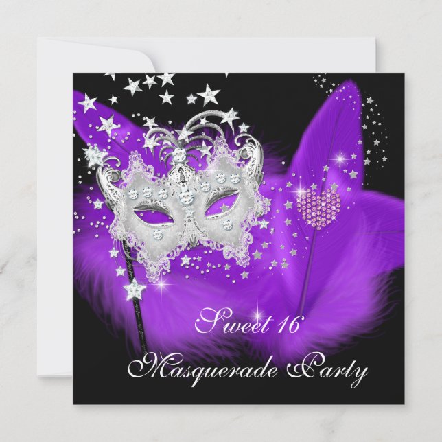 Maskerad Sweet 16 Lila Svart Fjädermask Inbjudningar (Framsida)