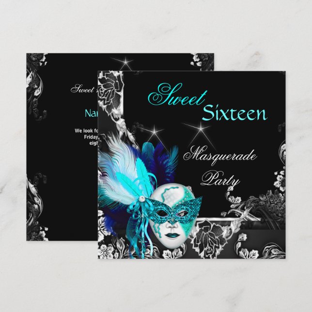 Maskerad Sweet 16 Mask Teal Blå Svart Party Inbjudningar (Fram/baksida)