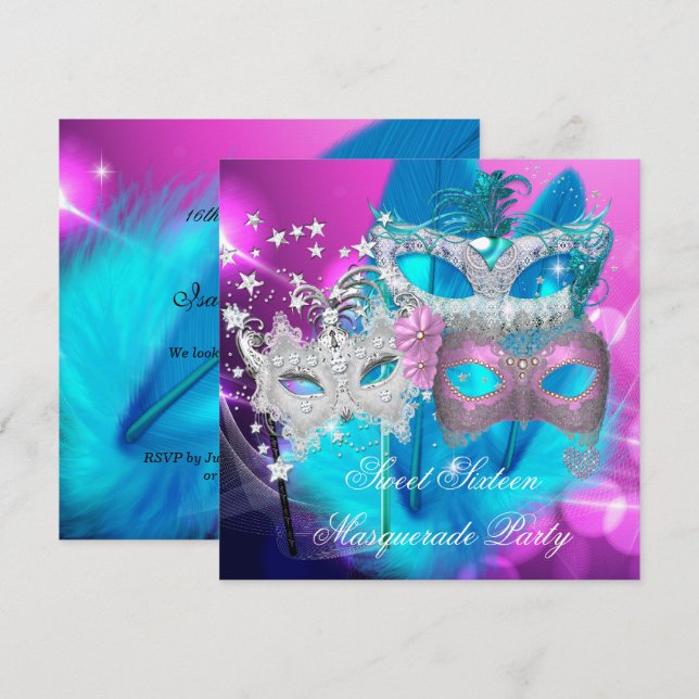 Maskerad Sweet 16 Rosa Lila Turkos Maskeradmask Inbjudningar (Fram/baksida)