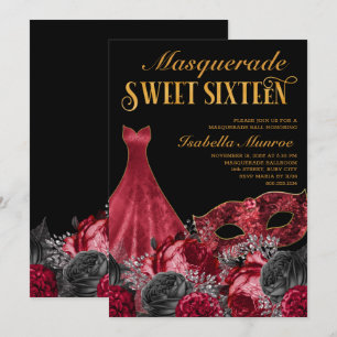 Maskerad Sweet 16 Svart Röd Guld 16-årsdag Inbjudningar