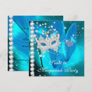 Maskerad Sweet 16 Teal Svart Fjädermask 2 Inbjudningar