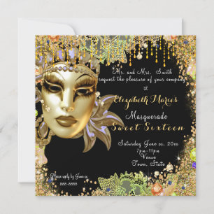 Maskerad, Sweet Sixteen, Guld Glitter Spets Inbjudningar