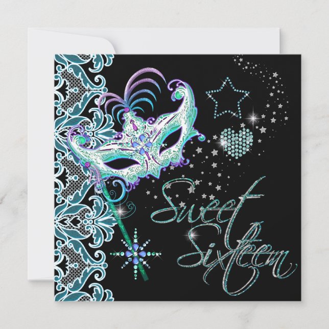 Maskerad Sweet Sixteen Sweet 16 Teal Svart Inbjudningar (Framsida)