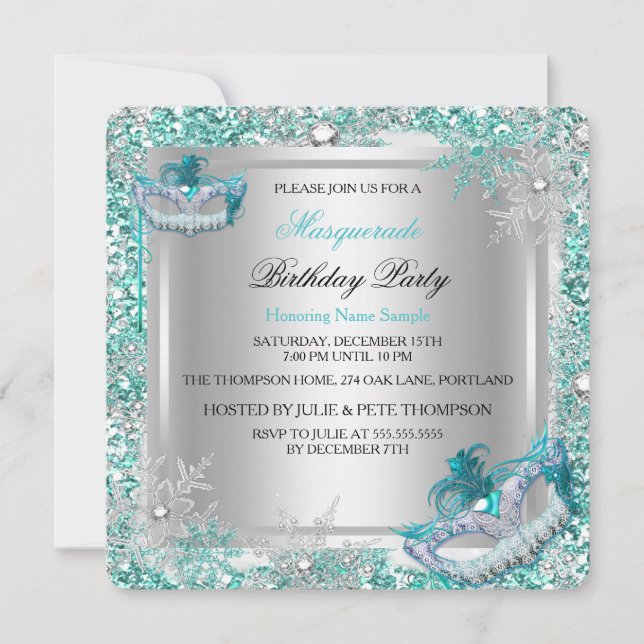 Maskerad Teal Silver Snöflingor Masker Party Inbjudningar (Framsida)