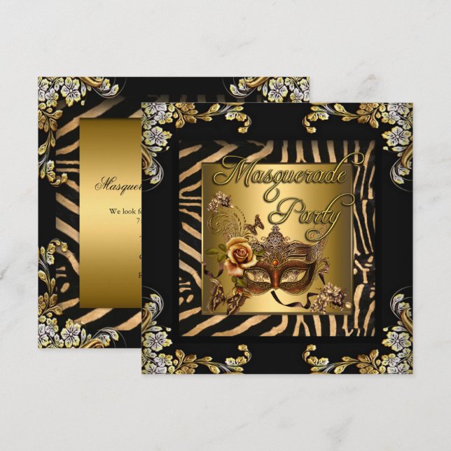 Maskerad Zebra Kaffe Svart Guld Födelsedagsfest Inbjudningar (Fram/baksida)