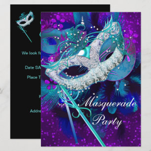 Maskeradbal Fest Teal Blå Lila Masker stor Inbjudningar