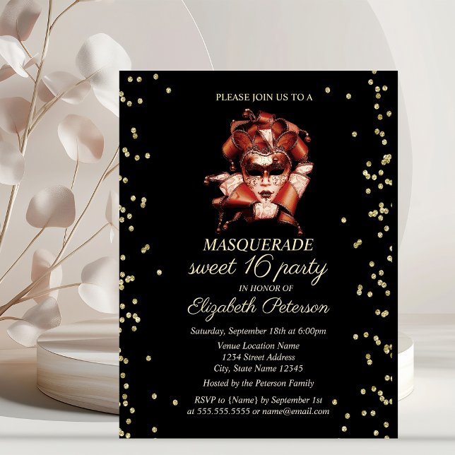 Maskeradbal Gold Diamanter Sweet 16 Inbjudan Vykort (Skapare uppladdad)
