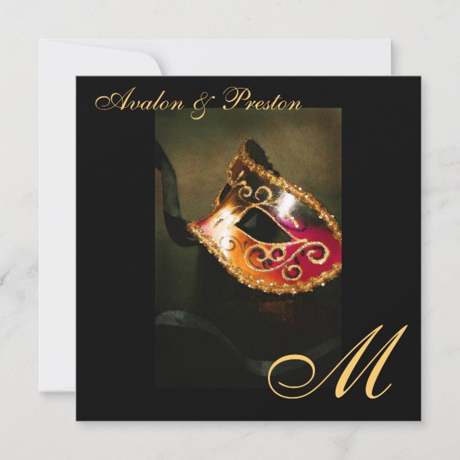 Maskeraden maskerar guld- Monogrambröllopinbjudan Inbjudningar (Framsida)
