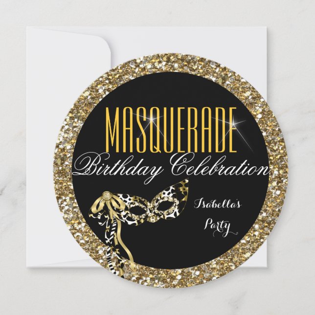 Maskeradfest Födelsedag Guld Glitter Vild Maskerad Inbjudningar (Framsida)