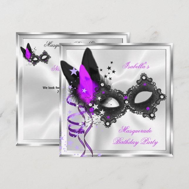 Maskeradfest Glitter Lila Silver Svart Mask Inbjudningar (Fram/baksida)