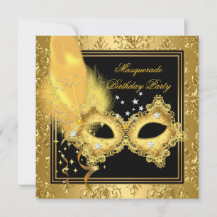Maskeradfest Guld Damast Svart Gul Mask 2 Inbjudningar