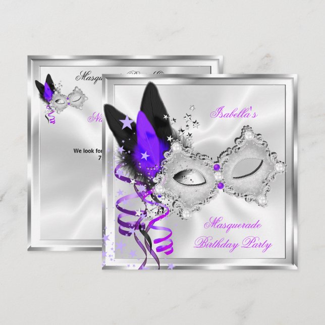 Maskeradfest Lila Silver Svart Mask 2 Inbjudningar (Fram/baksida)