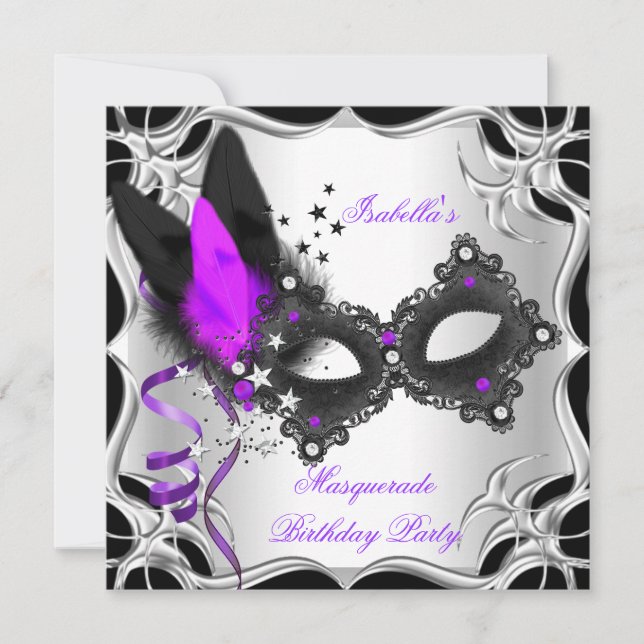 Maskeradfest Lila Silver Svart Maskeradmask Inbjudningar (Framsida)