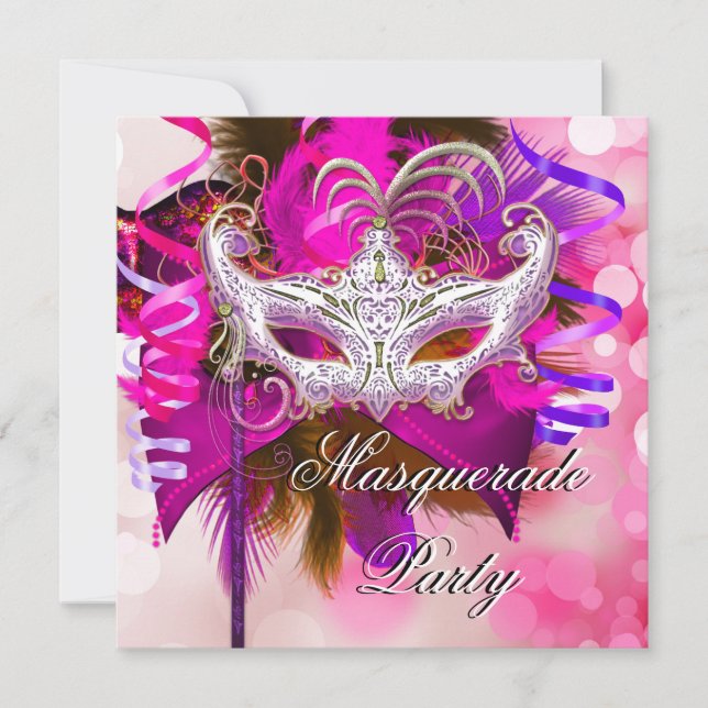 Maskeradfest Mask Svart Lila Rosa Mardi Gras Inbjudningar (Framsida)
