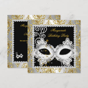 Maskeradfest Silver Guld Damast Svart Mask 2 Inbjudningar