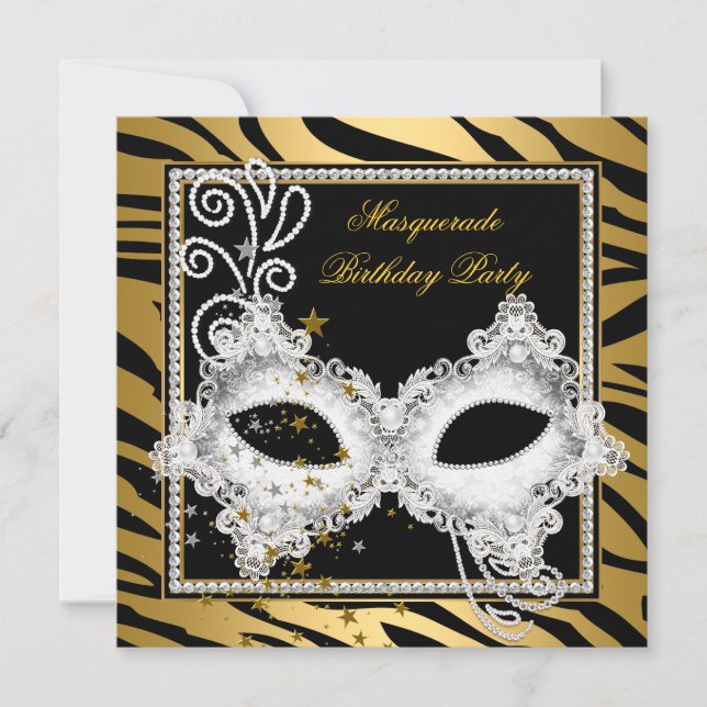 Maskeradfest Silver Guld Zebra Svart Mask 3 Inbjudningar (Framsida)