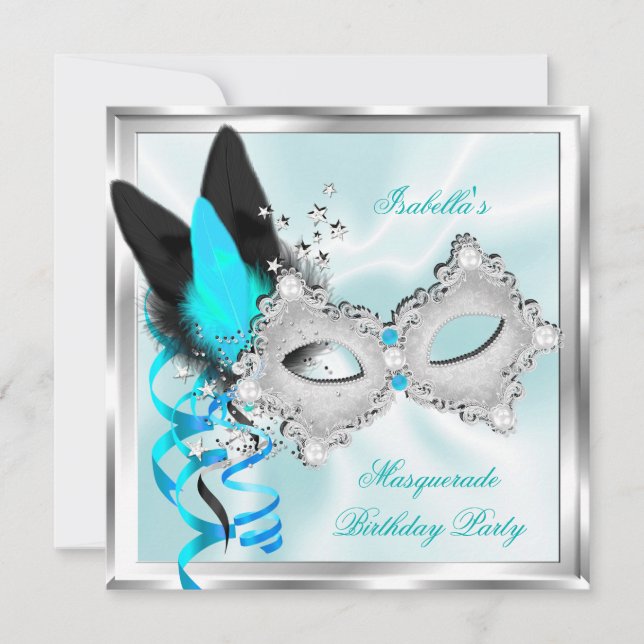 Maskeradfest Teal Silver Svart Maskeradmask Inbjudningar (Framsida)