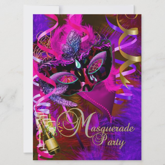 Maskeradfestmasker Champagne Metalliska Inbjudningar (Framsida)