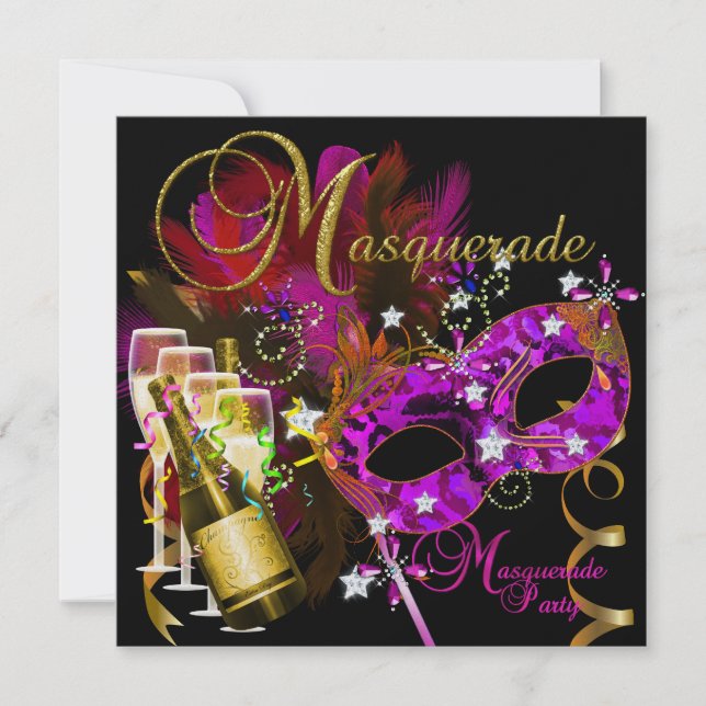 Maskeradfestmasker Svart Guld Rosa Inbjudningar (Framsida)