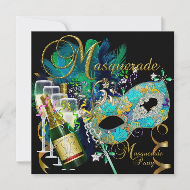 Maskeradfestmasker Svart Guld Teal Inbjudningar (Framsida)