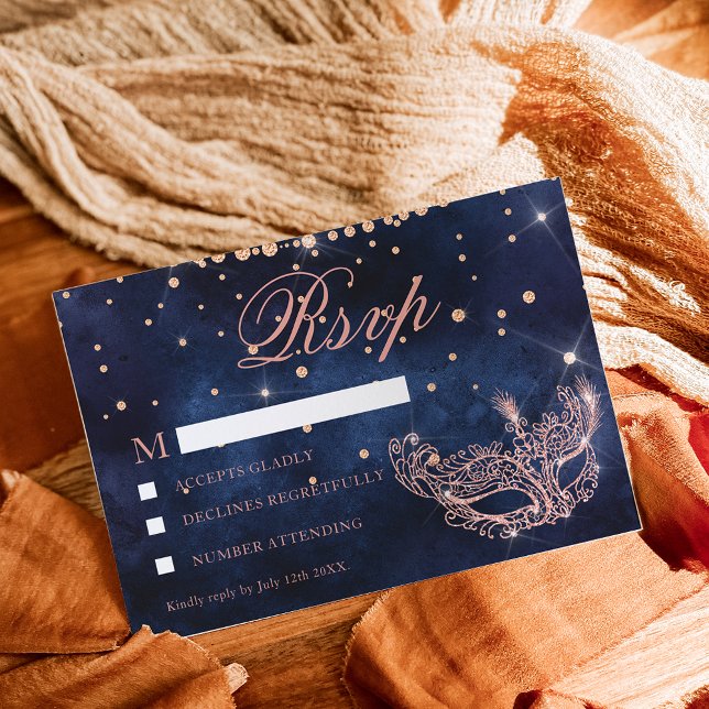 Maskeradmask elegant roséguld glitter RSVP OSA Kort (Skapare uppladdad)