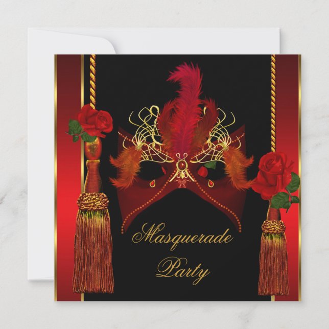 Maskeradmask Elegant Svart Röd Ros Guld Inbjudningar (Framsida)