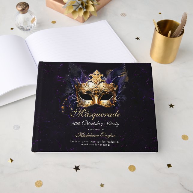 Maskeradmask Gold Purple Dramatisk 50-årsdag Gästböcker (Framsida Öppen)
