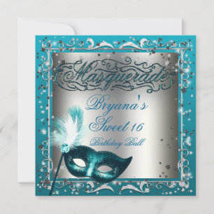 Maskeradmask Silver & Aqua Teal Födelsedagsfest Inbjudningar