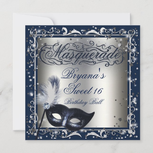 Maskeradmask Silver & Royal Blue Födelsedagsfest Inbjudningar (Framsida)