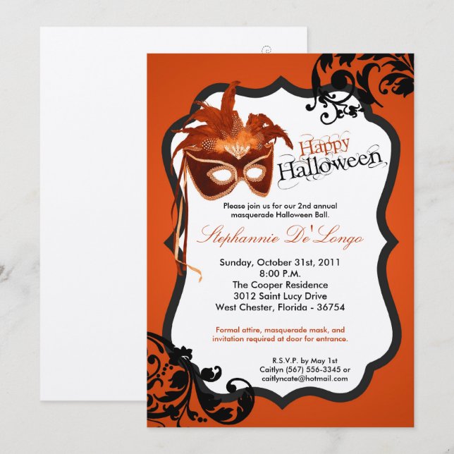 maskerar den orange maskeraden 5x7 den Halloween Inbjudningar (Fram/baksida)
