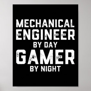 Maskiningenjör på dag Gamer på natt Meme för Poster