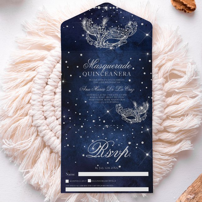 Maskmask chic silver glitter quinceanera (Masquerade mask chic silver glitter quinceanera all in one invitation)