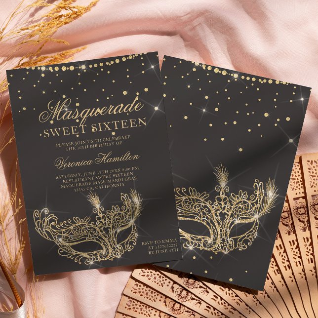 Maskmask grått guld glitter Sverige 16 Inbjudningar (Skapare uppladdad)