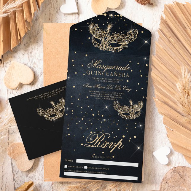 Maskmask guld glitter quinceanera svart (Skapare uppladdad)