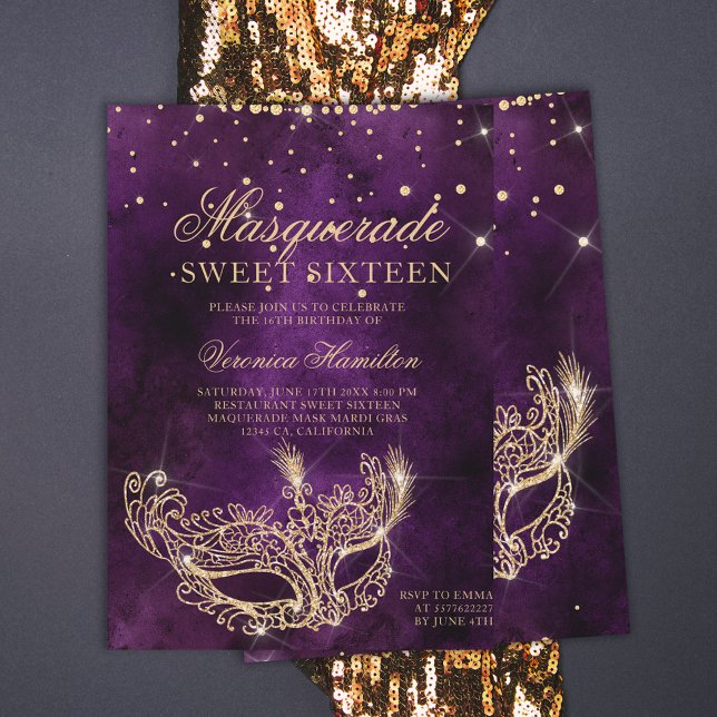Maskmask lila guld glitter Sweet 16 Inbjudningar (Skapare uppladdad)